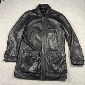 Kenneth Cole Leather Jacket Men Medium Black New York Car Coat Barn Zip Snap 34"